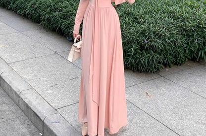 Spaghetti Strap Plain Ruched Maxi A-Line Dress / Plain Cardigan