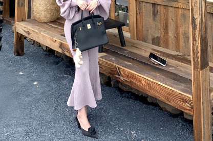 Sleeveless Crew Neck Plain Ribbed Knit Midi A-Line Dress / Plain Cardigan