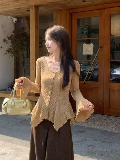 V-Neck Lettuce Edge Perforated Button-Up Plain Cardigan