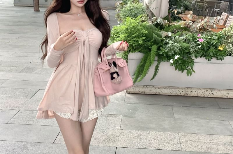 Plain Gathered Padded Tube Top / Cardigan