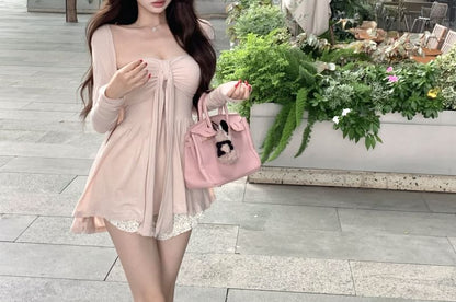 Plain Gathered Padded Tube Top / Cardigan