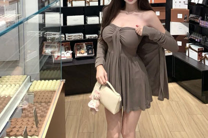 Plain Gathered Padded Tube Top / Cardigan
