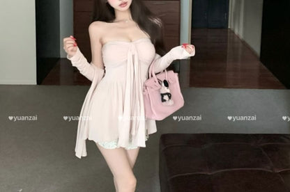 Plain Gathered Padded Tube Top / Cardigan