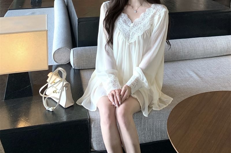 V-Neck Long-Sleeve Lace-Trim Button-Down Blouse