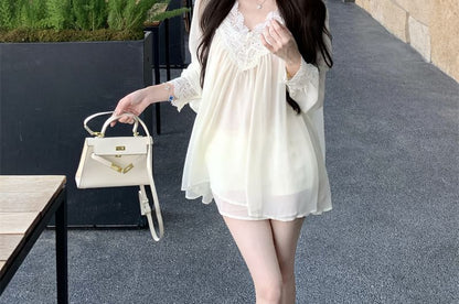 V-Neck Long-Sleeve Lace-Trim Button-Down Blouse