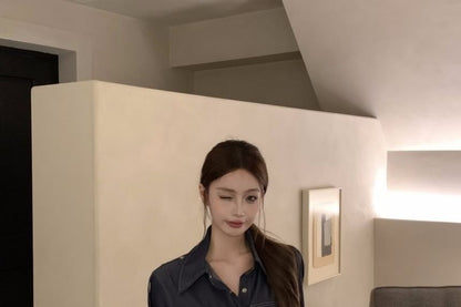 Denim Long-Sleeve Button-Down Shirt & Mini Skirt Set