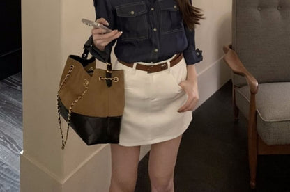Denim Long-Sleeve Button-Down Shirt & Mini Skirt Set