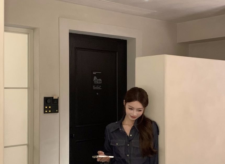 Denim Long-Sleeve Button-Down Shirt & Mini Skirt Set