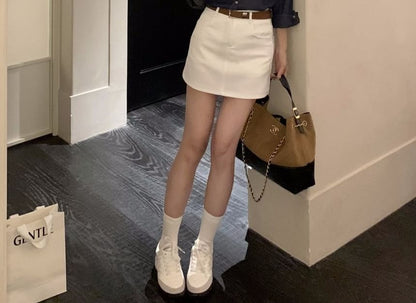 Denim Long-Sleeve Button-Down Shirt & Mini Skirt Set