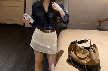 Denim Long-Sleeve Button-Down Shirt & Mini Skirt Set