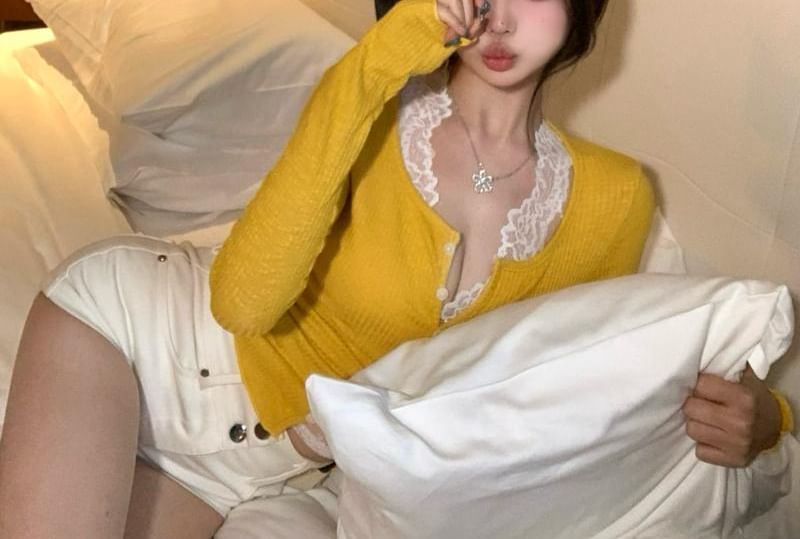 V-Neck Long-Sleeve Solid Knit Top & Sleeveless Lace Top