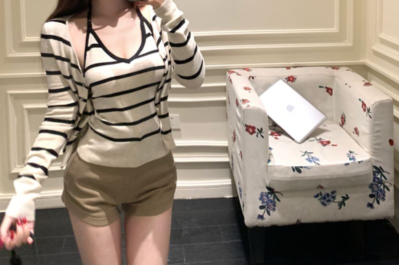 Striped Halter Knit Top & Cardigan Set