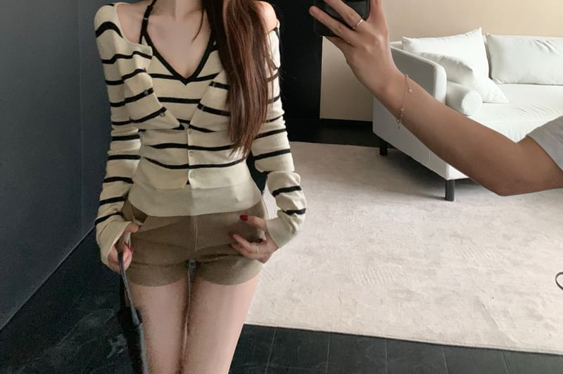Striped Halter Knit Top & Cardigan Set