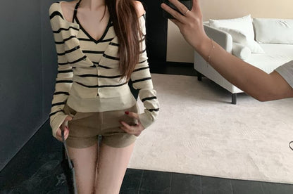 Striped Halter Knit Top & Cardigan Set