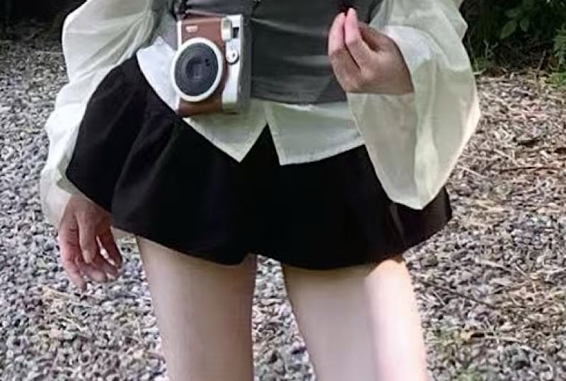 Off-Shoulder Long-Sleeve Blouse & Mid-Rise Mini Skort