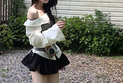 Off-Shoulder Long-Sleeve Blouse & Mid-Rise Mini Skort