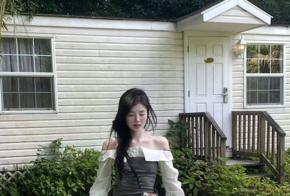 Off-Shoulder Long-Sleeve Blouse & Mid-Rise Mini Skort