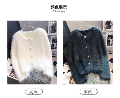 Round Neck Plain Fluffy Faux Pearl Button Cardigan