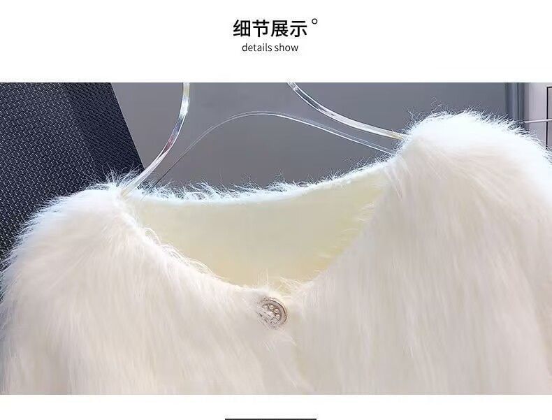 Round Neck Plain Fluffy Faux Pearl Button Cardigan
