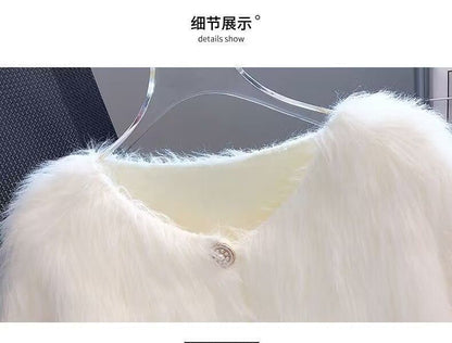 Round Neck Plain Fluffy Faux Pearl Button Cardigan