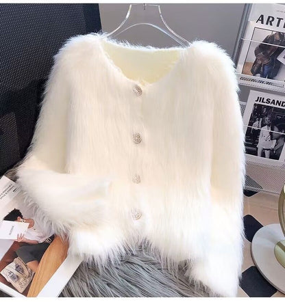 Round Neck Plain Fluffy Faux Pearl Button Cardigan