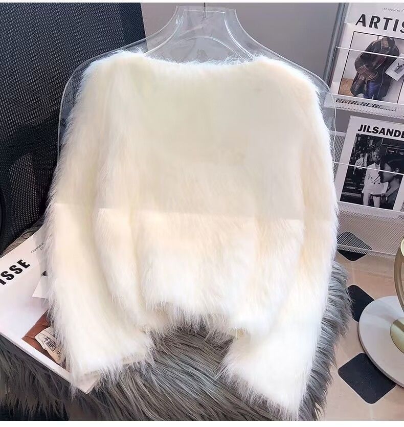 Round Neck Plain Fluffy Faux Pearl Button Cardigan