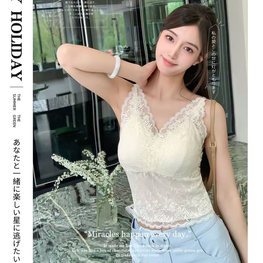 V-Neck Lace Padded Slim-Fit Solid Cami Top