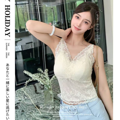 V-Neck Lace Padded Slim-Fit Solid Cami Top