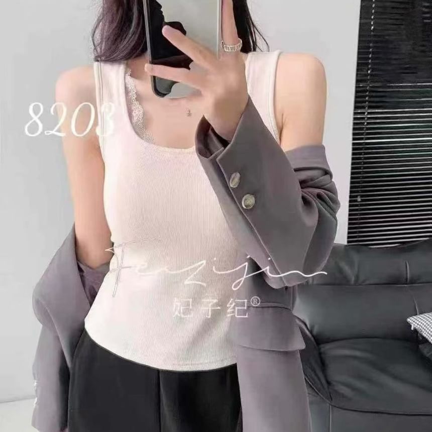 Square-Neck Ribbed Lace-Trim Padded Slim-Fit Tank