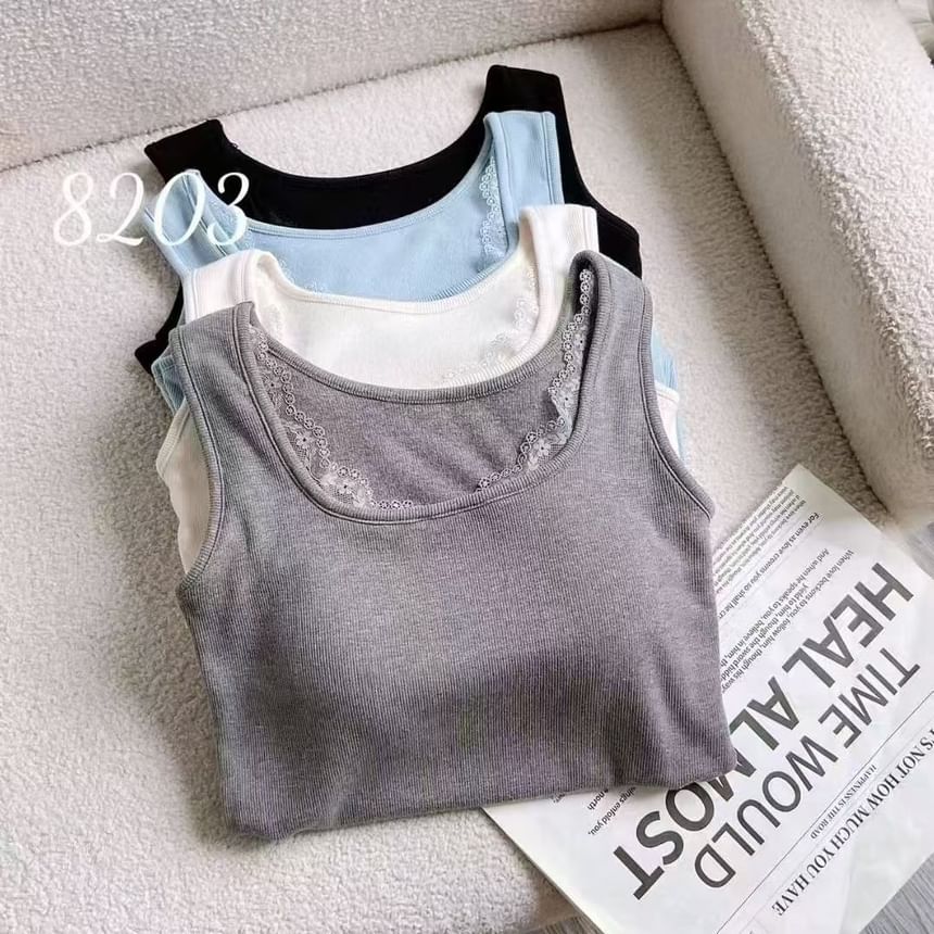 Square-Neck Ribbed Lace-Trim Padded Slim-Fit Tank