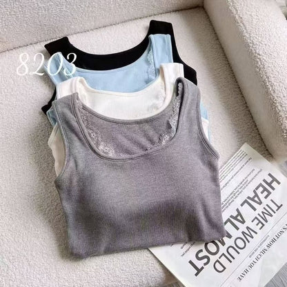 Square-Neck Ribbed Lace-Trim Padded Slim-Fit Tank