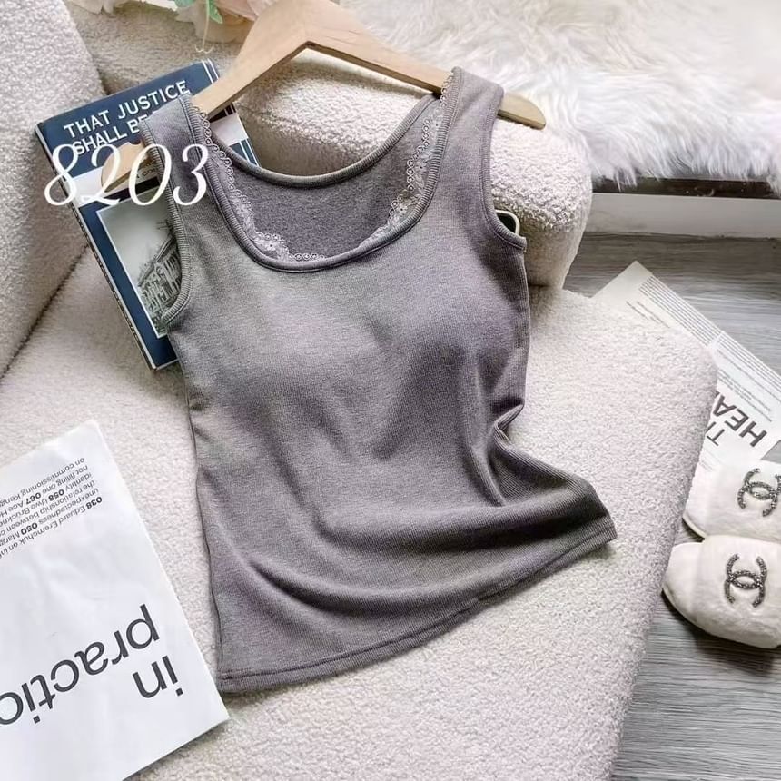 Square-Neck Ribbed Lace-Trim Padded Slim-Fit Tank
