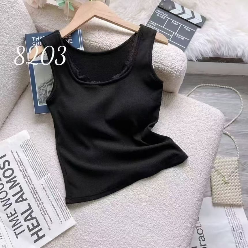 Square-Neck Ribbed Lace-Trim Padded Slim-Fit Tank