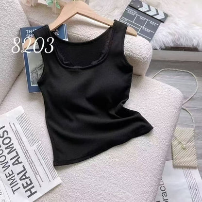Square-Neck Ribbed Lace-Trim Padded Slim-Fit Tank