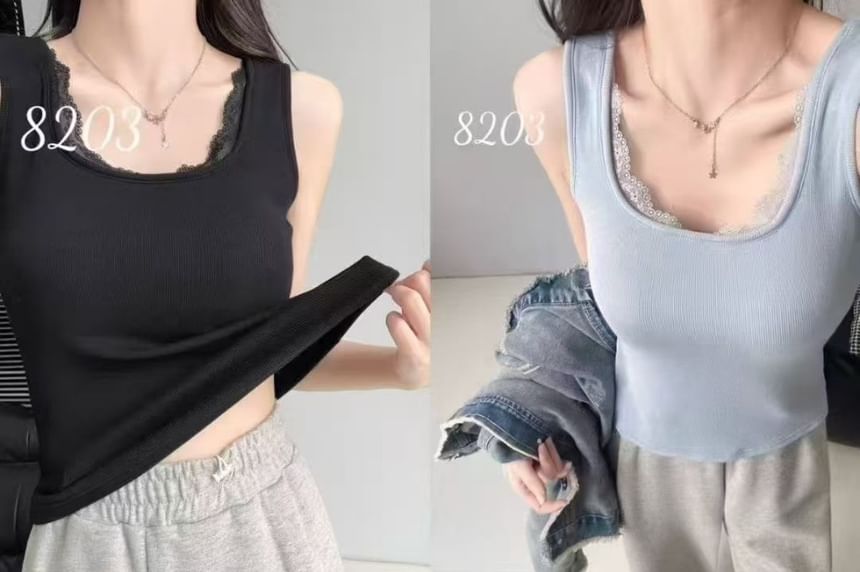 Square-Neck Ribbed Lace-Trim Padded Slim-Fit Tank
