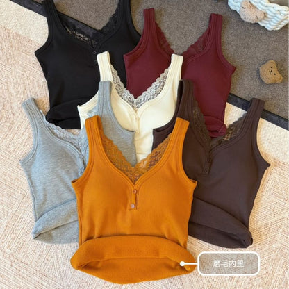 Ribbed V-Neck Lace-Trim Padded Slim-Fit Tank Top
