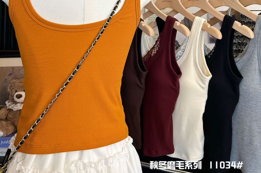 Ribbed V-Neck Lace-Trim Padded Slim-Fit Tank Top