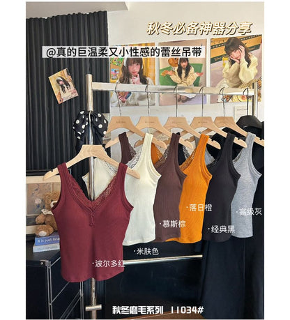 Ribbed V-Neck Lace-Trim Padded Slim-Fit Tank Top