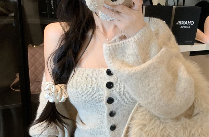 Set: Plain Button Knit Tube Top + Open Back Cardigan