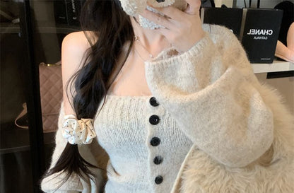Set: Plain Button Knit Tube Top + Open Back Cardigan