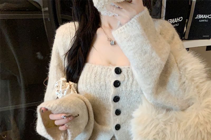 Set: Plain Button Knit Tube Top + Open Back Cardigan