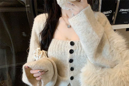 Set: Plain Button Knit Tube Top + Open Back Cardigan