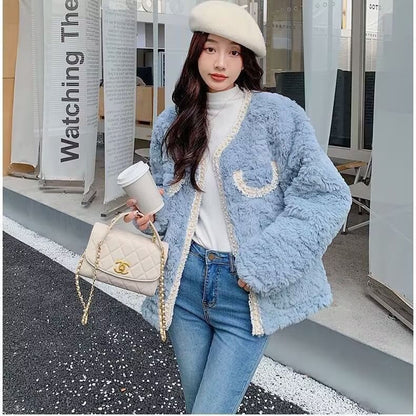 Faux Pearl Trim Fluffy Jacket