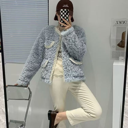 Faux Pearl Trim Fluffy Jacket