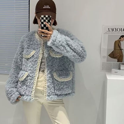 Faux Pearl Trim Fluffy Jacket
