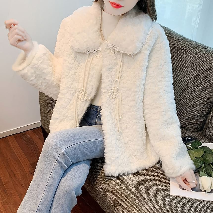 Lace Trim Floral Button-Up Fluffy Jacket
