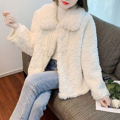 Lace Trim Floral Button-Up Fluffy Jacket