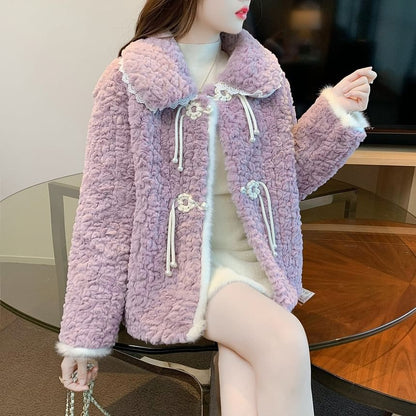Lace Trim Floral Button-Up Fluffy Jacket