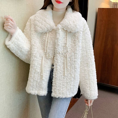Lace Trim Floral Button-Up Fluffy Jacket