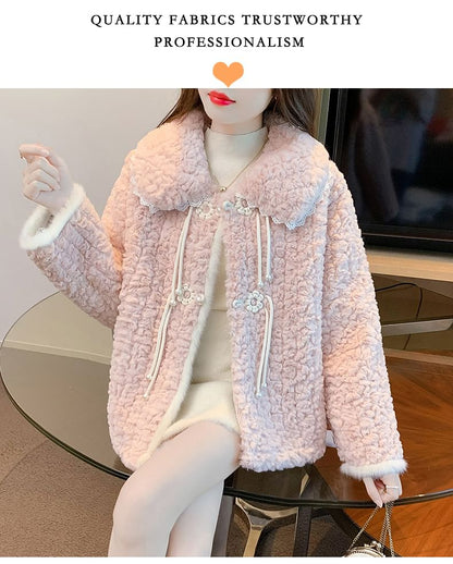 Lace Trim Floral Button-Up Fluffy Jacket